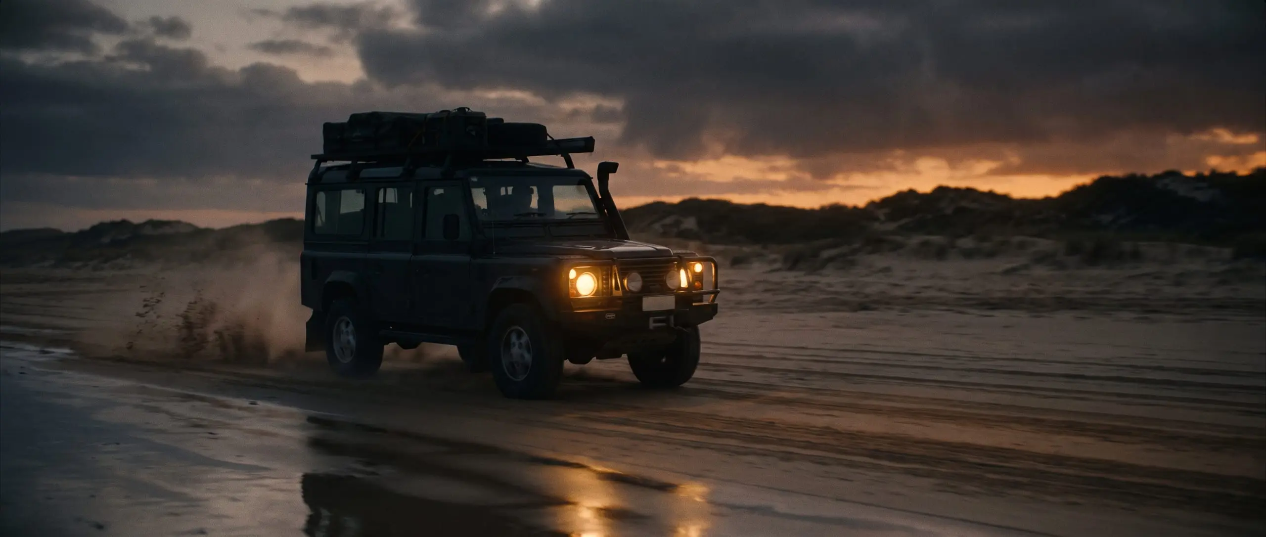 Loaded touring 4x4 driving a beach track at dawn