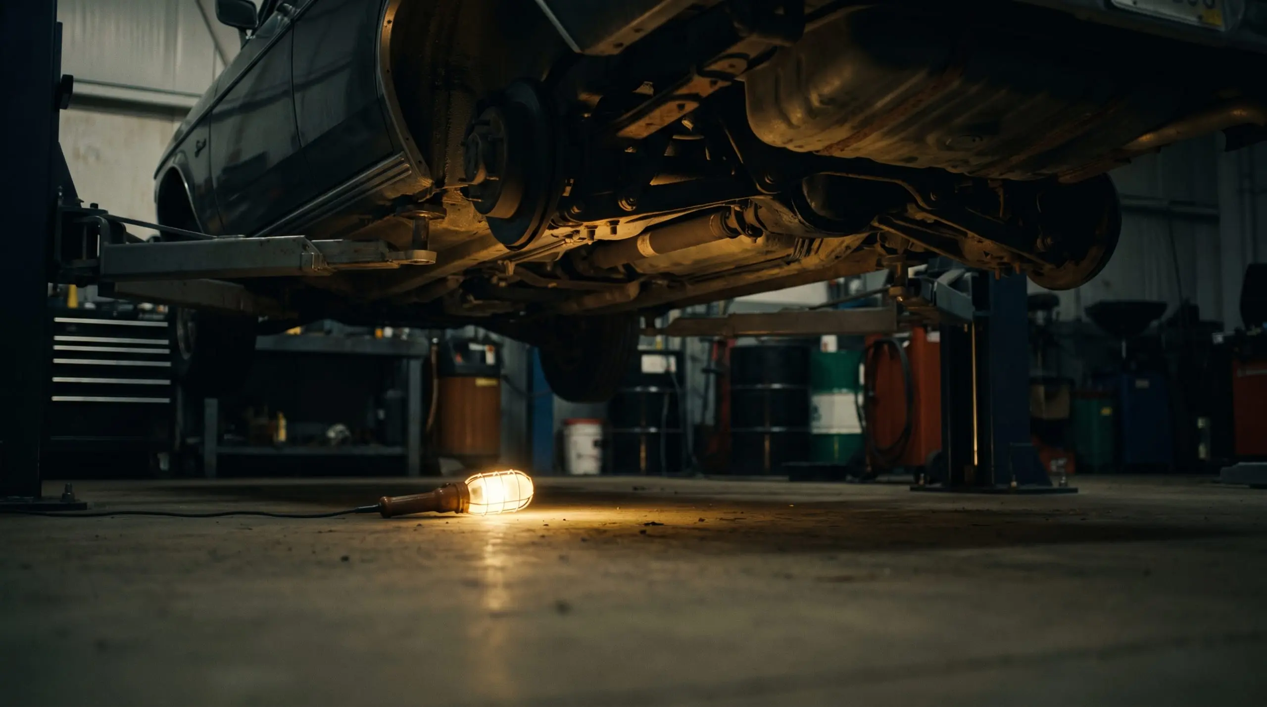 Inspection lamp illuminating the underbody of a vehicle on a hoist
