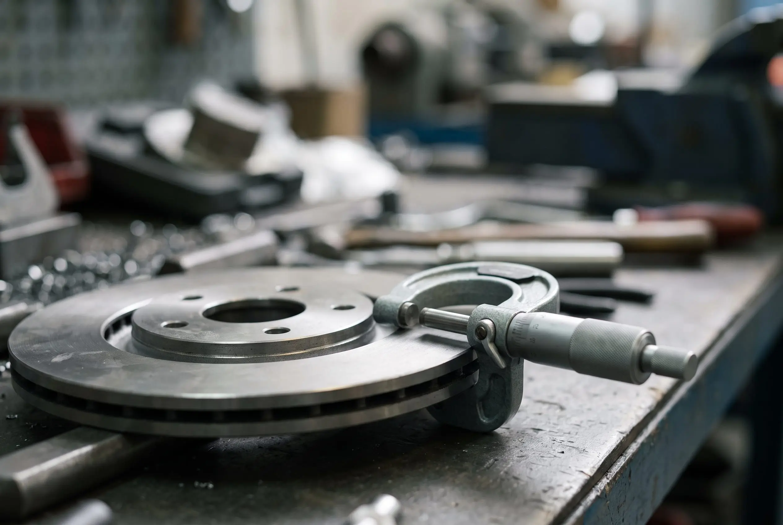 Micrometer measuring the edge of a machined brake rotor