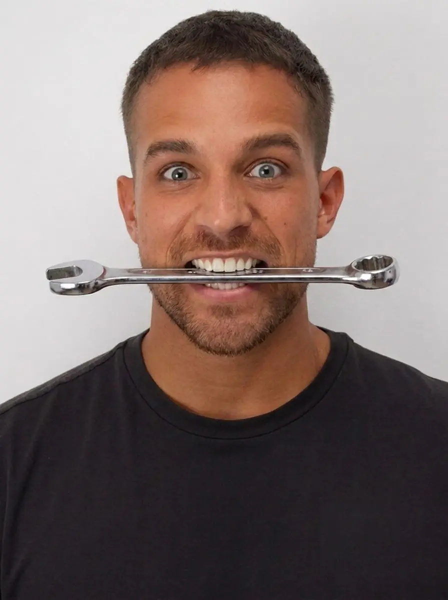 Jacob Gaby comically biting a chrome spanner