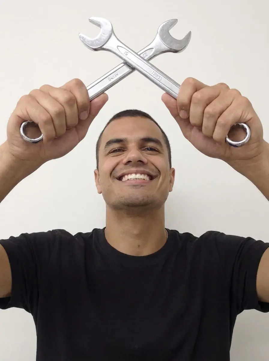 Jon Quinton triumphantly crossing two spanners like a champion