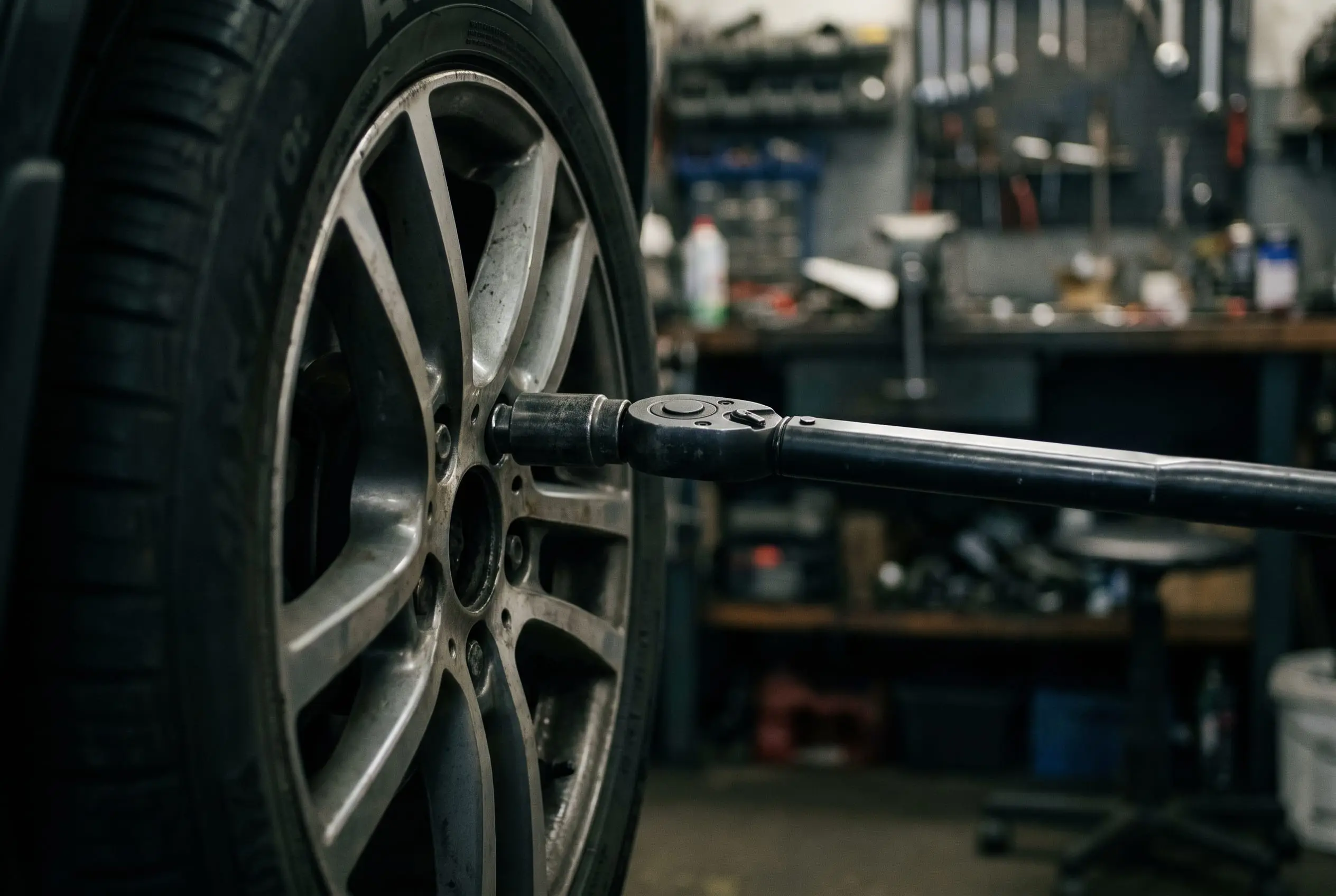Torque wrench seated on the wheel nut of a new all-terrain tyre