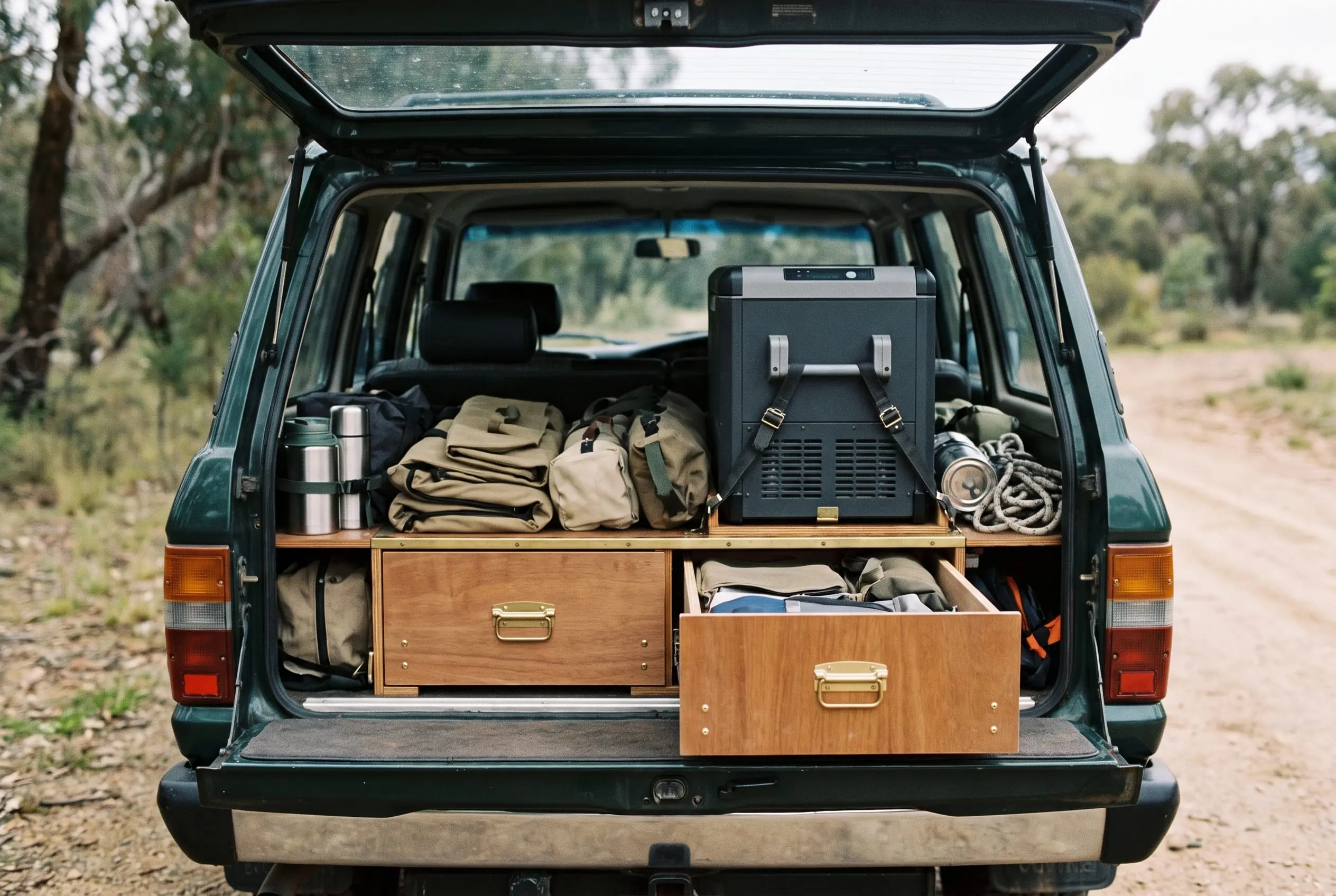 Touring 4x4 rear packed neatly with drawers and a fridge