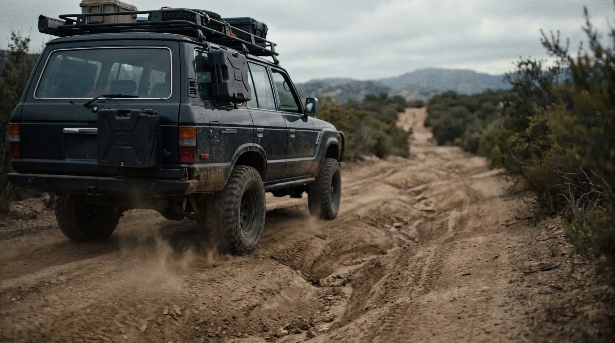Lifted touring 4x4 climbing a rutted dirt track through hinterland forest