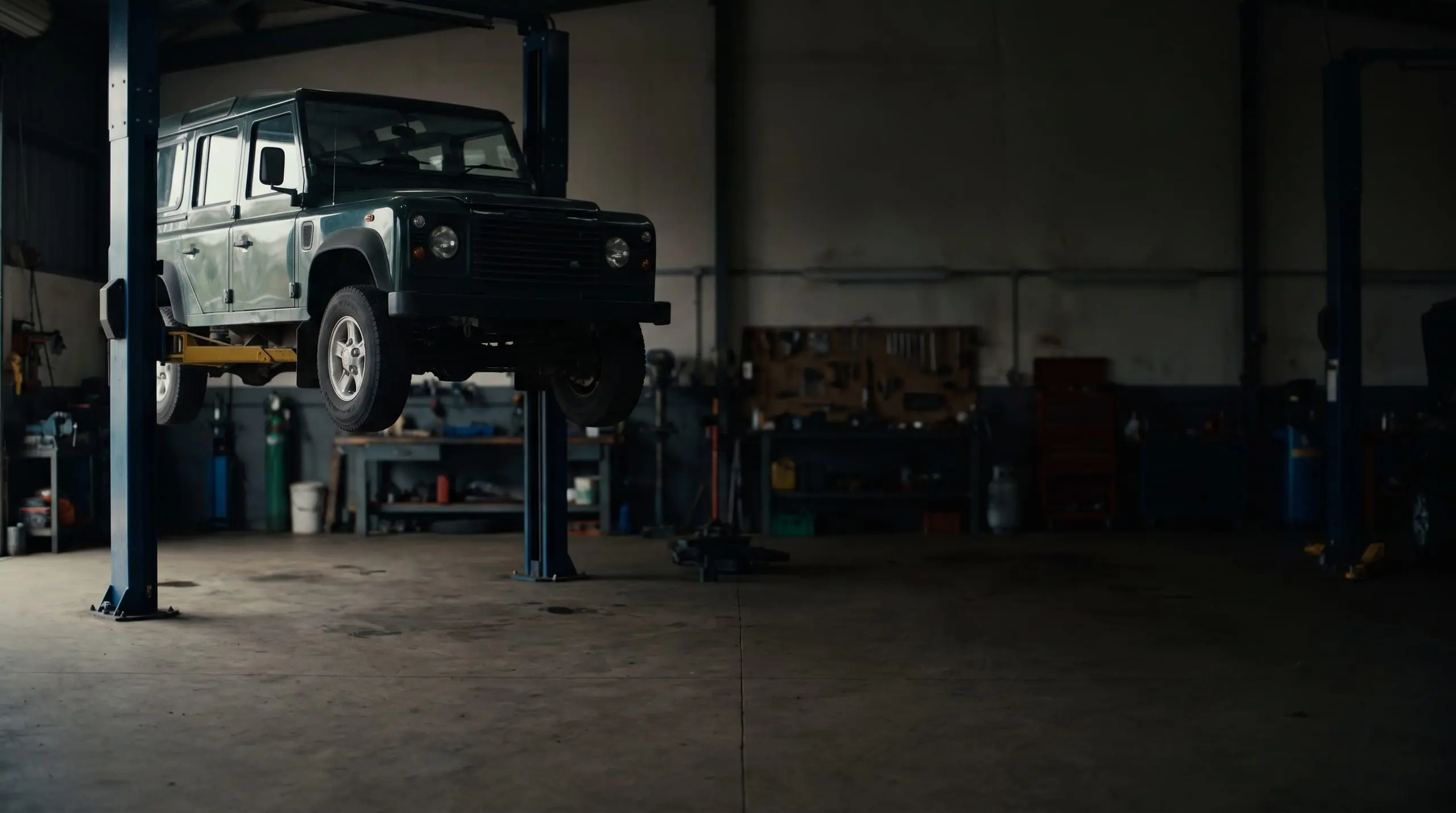 Four-wheel drive raised on a two-post hoist in the Gaby Mechanical workshop